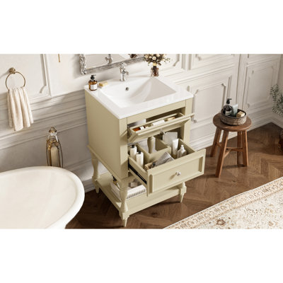 Meuble-lavabo de 20 po avec lavabo en céramique, armoire de rangement pour salle de bain avec tablette ouverte, armoire de salle de bain rétro avec 2 tiroirs