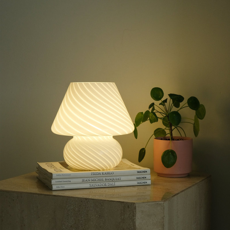 Glass Mushroom Table Lamp, Standard, White Stripe, 10" H x 9" W x 9" D