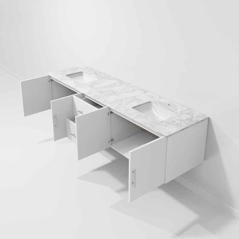 Geneva 80" Double Vanity, Square Sinks And No Mirror, White Carrara Marble, Glossy White