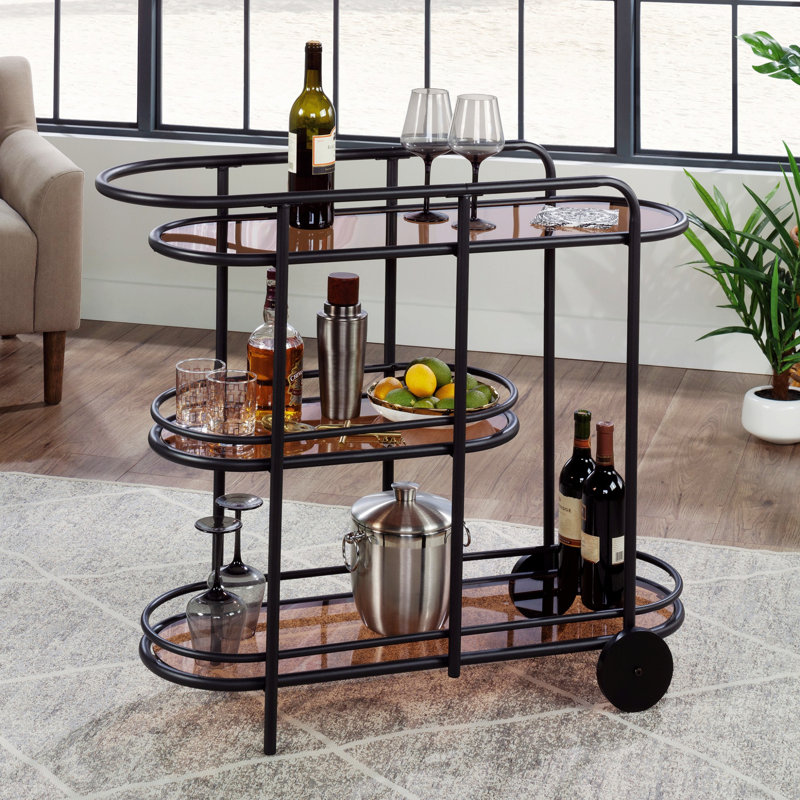 Chariot de cuisine à cadre métallique, chariot-bar avec tablettes en verre trempé