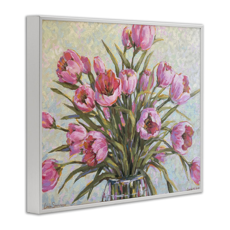 «New Blooms Tulip», art giclée par Linda Sperruche, H 24 po x l 30 po, Estampe numérique encadrée blanc bord de mer