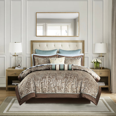 Lit édredon 12 pièces - bleu / brun avec des draps en coton confortables et un motif cachemire élégant taille 100% magnifique