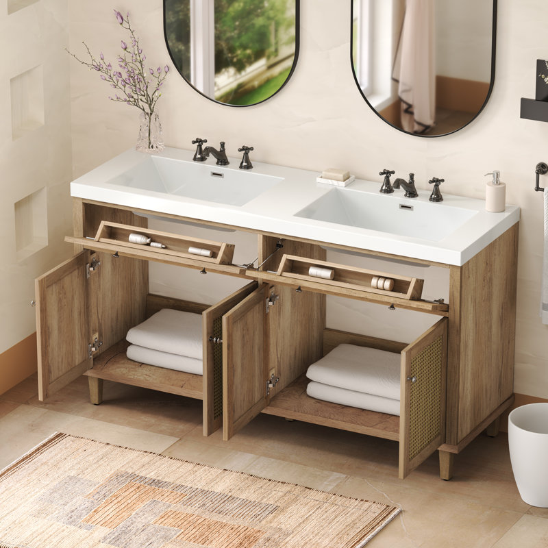 Meuble-lavabo double de 60 po avec rangement spacieux et design moderne, Brun