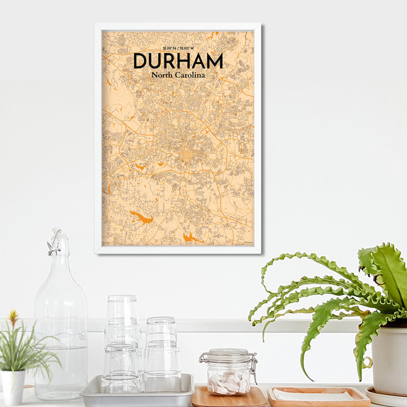 Durham City Map, impression, H 27,6 po x l 19,7 po, Orange / or pâle