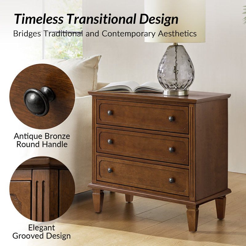 Amberlyn 28.3'' W Transitional 3-Drawer End Table with Built-In Outlet and Solid Wood Legs(Set of 2), Walnut