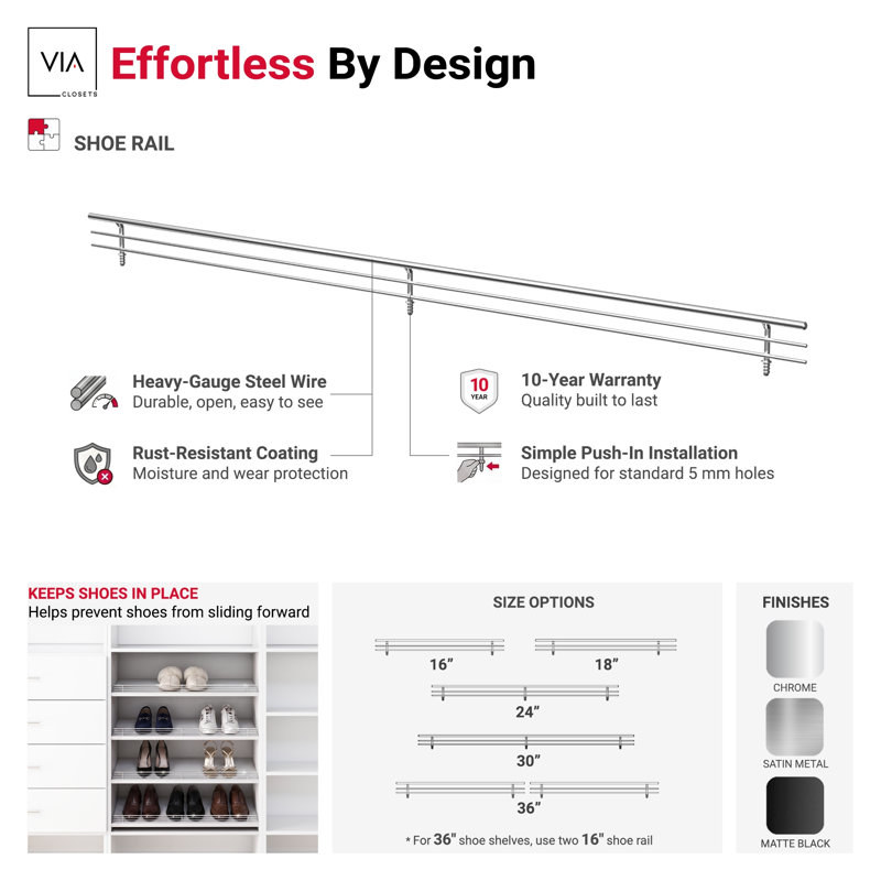 Satin Metal Classic 24" Shoe Shelf Rail, Satin Metal, 24