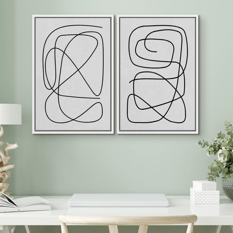 «Geimal Line» Mid-Century Geometric Spiral Collage Abstract Shapes Minimal Contemporary Zen on Canvas, 2 pièces