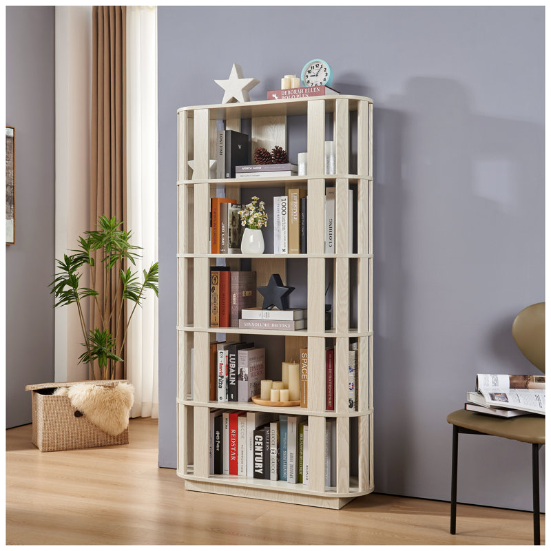 Bibliothèque ouverte blanche en bois ovale, présentoir autoportant en bois aggloméré à 5 niveaux, White