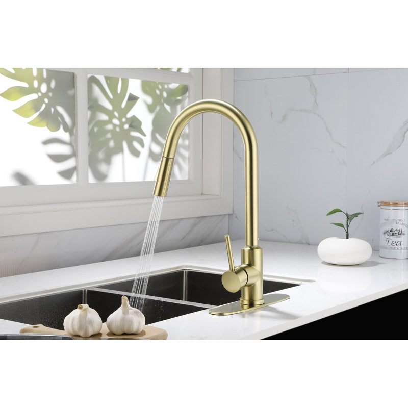 Gold Stainless Steel Kitchen Pull Down Faucet - 360 Rotatable High Spout, Simple Single Handle For Water Temperature And Flow Adjustment, Corrosion Rust-, 15.83 In. Deep, 10.04 Wide, 4.27