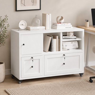 Classeur en métal blanc H 28 po avec porte coulissante, 2 tiroirs verrouillables avec rails suspendus, classeur latéral à roulettes pour documents légaux et lettre A4, ancrage mural anti-basculement
