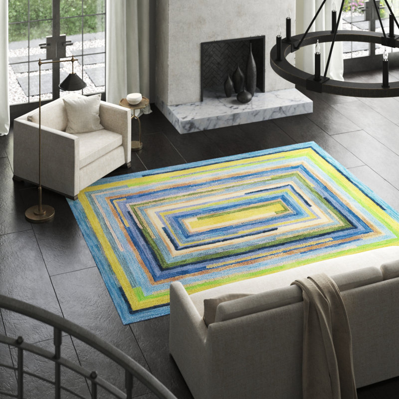 Concentric Geometric Handmade Tufted Wool Blue/Green/Yellow Area Rug, Rectangle 4' x 6'