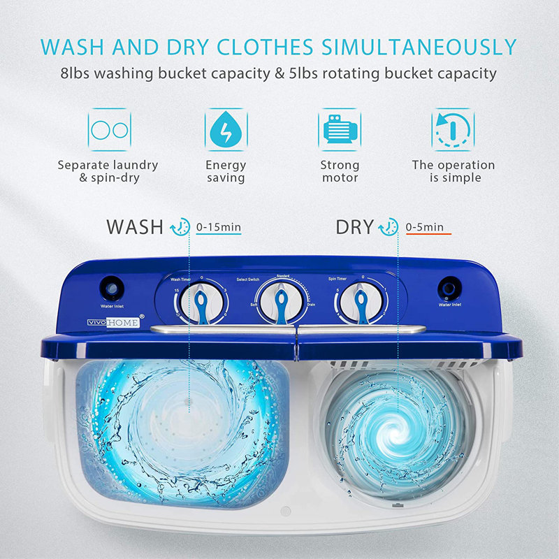 VIVOHOME 0.128 cu. ft. High Efficiency Portable Washer & Dryer Combo in with Child Safety Lock Blue