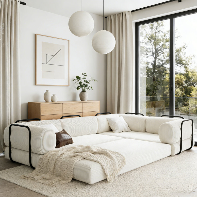 Canapé-lit modulaire en L en velours côtelé L - peu encombrant et confortable pour les salons et les appartements, Beige