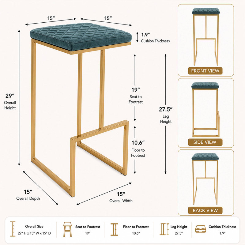 LeisureMod Quincy Leather Bar Stool, Quilted PU Leather Barstool with Metal Sled Base, Built-In Footrest, Diamond Stitching & Anti-Scratch Glides for Kitchen, Home Bar & Counter Seating