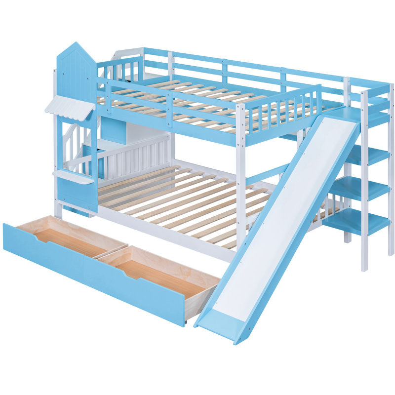 Blue Bunk Bed With 3 Shelves And 2 Drawers - Solid Wood Construction Slide For Above 6 Years Of Age Storage Options. Material. Fun Slide. For Up. 400Lbs Weight Limit. No Box Spring. Mattress Not