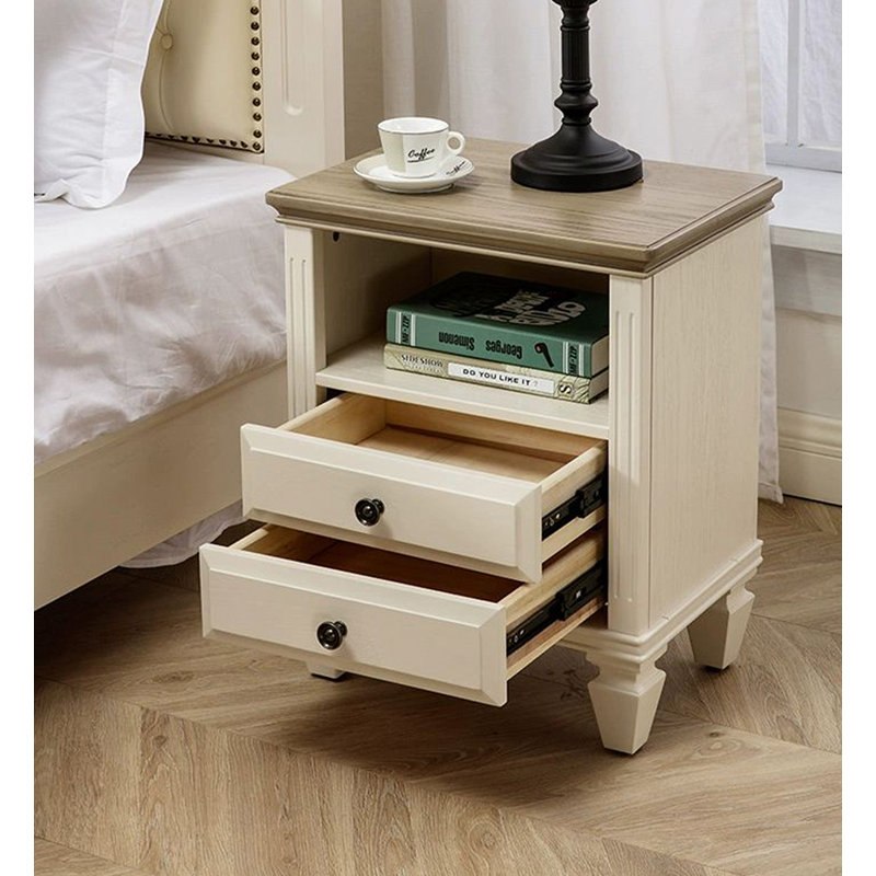 Table de chevet en chêne rouge de style américain, avec deux tiroirs et tablettes ouvertes, pouvant être utilisée dans la chambre à coucher
