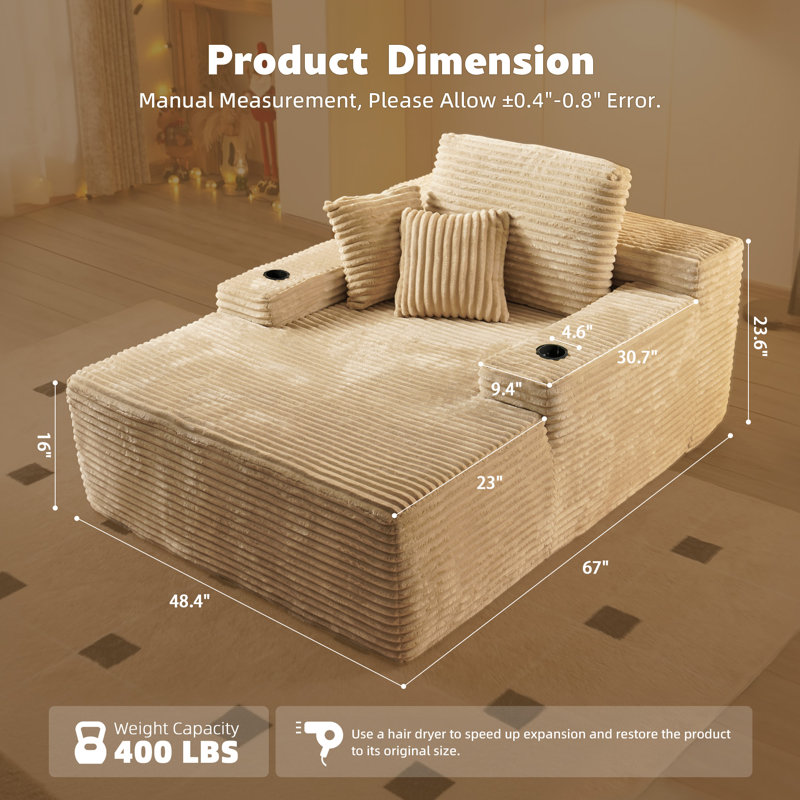 Boneless No Assembly Required Compression Packed 1-piece Cloud Modular Upholstered Sectional Sofa, Beige Corduroy 