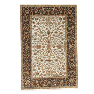 Tapis brun / noir / ivoire en laine noué à la main de conception unique 6 pi 1 po x 9 pi