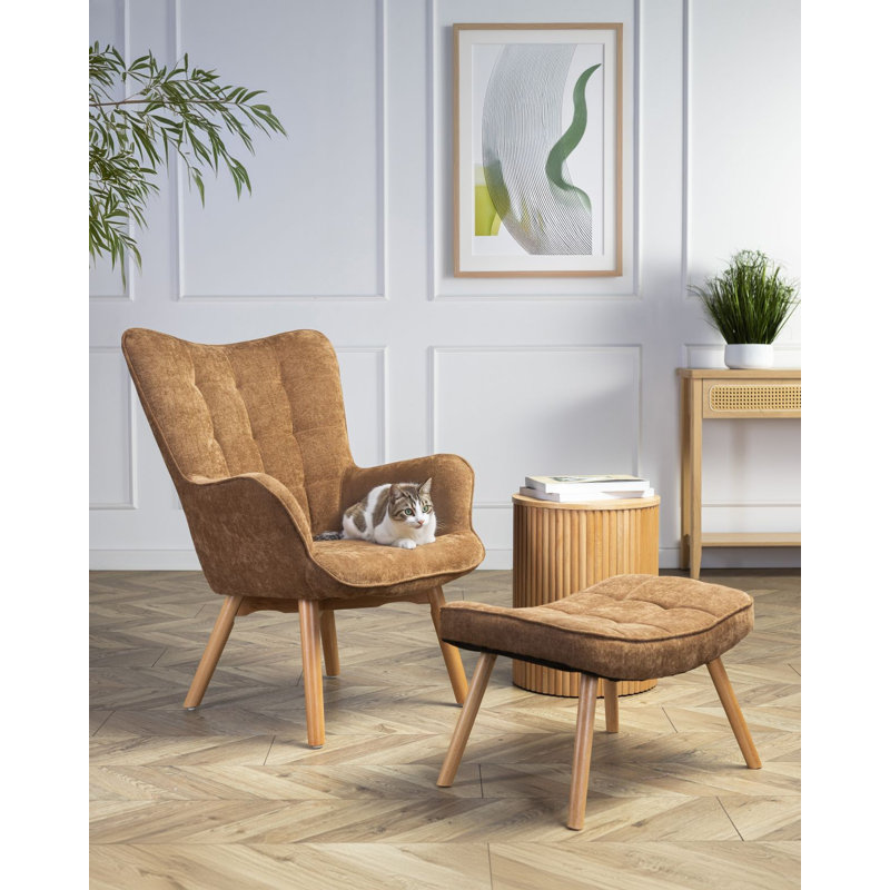 Nekoma Upholstered Accent Chair with Footstool, Brown, white and pink