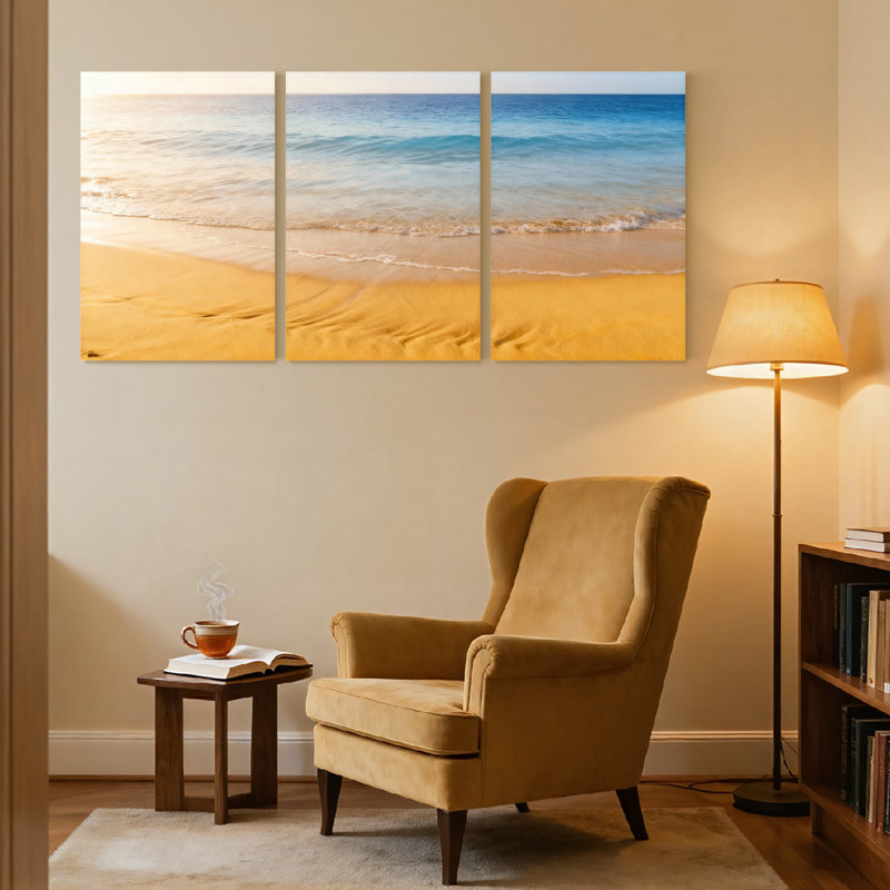 Plage, vagues de sable, océan, ciel, horizon, coucher de soleil, ensemble de 3 impressions sur toile, H 24 po x l 48 po