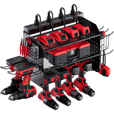 3-Layer Charging Station With 8 Outlets, 6 Drill Holders, And Drill Bit Rack – Organized Storage For Garage, Workbench, Or Workshop, Black