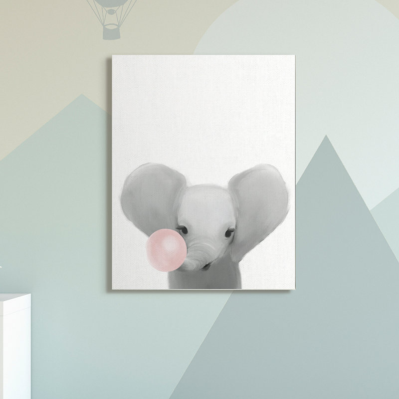 Bébé éléphant avec gomme à bulles rose, Toile tendue, H 48 po x l 36 po x P 1,5 po