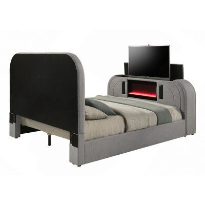 Lit en sherpa et chrome Teddy avec DEL, meuble télé, foyer et Bluetooth