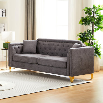 Mid-century Chenille With Comfortable Seating, Wooden Frame, Metal Legs, 2 Pillows For Home Modern Living Room Couch Upholstery, Button , Style
