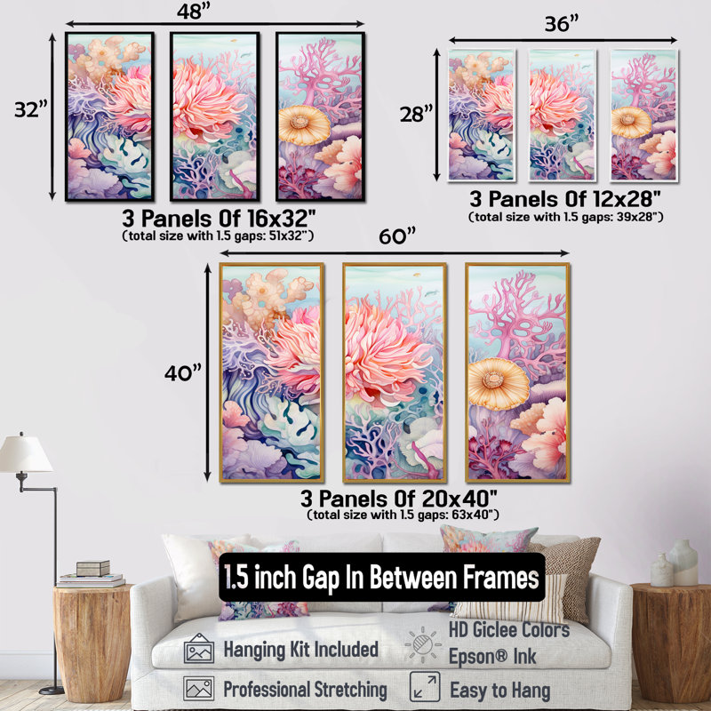 «Colorful Coral Reef Heaven I» - ensemble d'art sur toile corail sous l'eau, Cadre flottant doré, H 32 po x l 48 po x P 1 po
