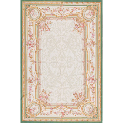 Hand-Knotted High-Quality Ivory and Green Runner
