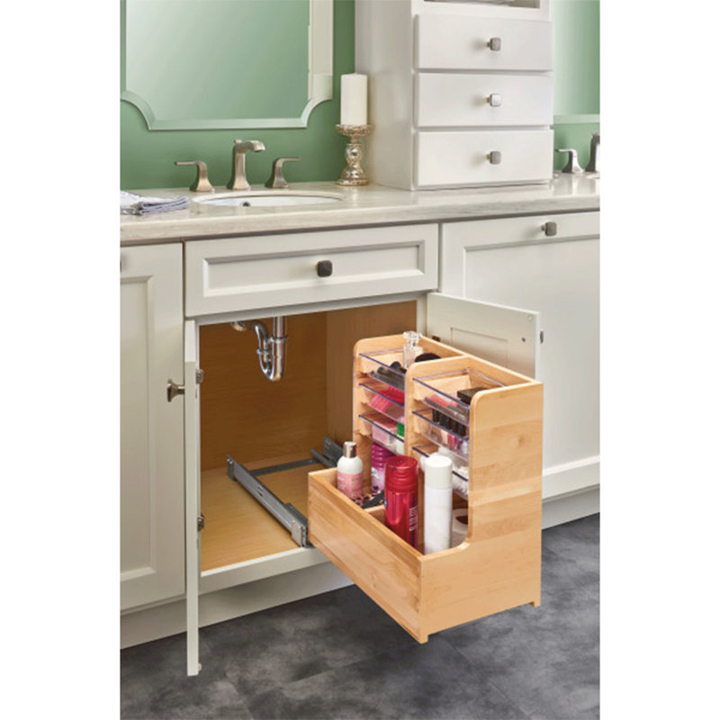 Maple Wood L-Shaped Vanity Cabinet Organizer with Soft-Close Slides