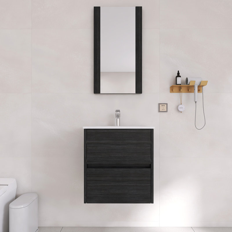 Ensemble de meuble-lavabo mural 20 po avec plateau en céramique et miroir | Deux tiroirs à fermeture en douceur et finition imperméable à 5 couches