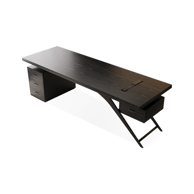 Bureau rectangulaire en bois massif noir avec 4 tiroirs, bureau