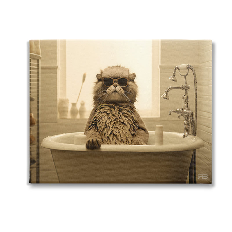 «Cool Cat in Bathaign», art mural sur toile par RB, H 24 po x l 30 po