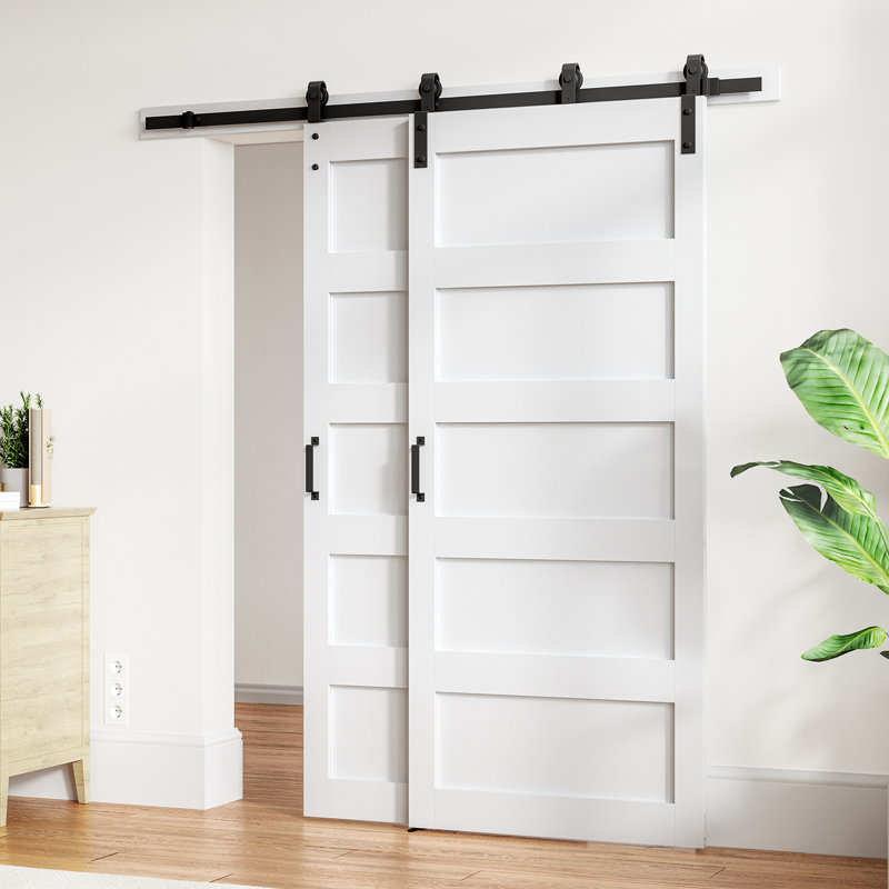 Portes de grange doubles à panneaux en bois manufacturé avec ensemble de quincaillerie, 55 po x 84 po