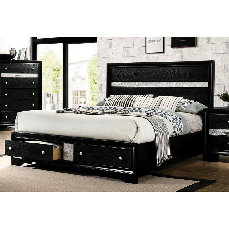 Grand lit moderne avec tête de lit et tiroirs noirs - Design, Noir