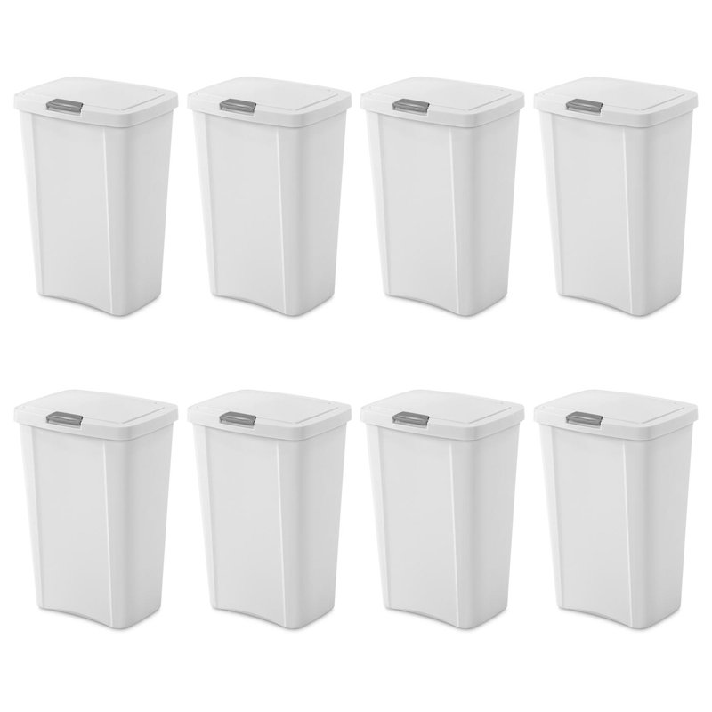 Sterilite 13 Gallon TouchTop Wastebasket with Titanium Latch, White (8 Pack)