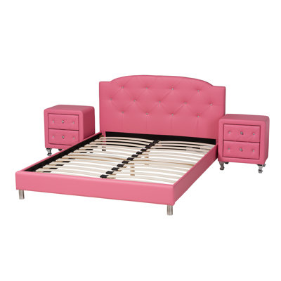 Metabel Baxton Studio Canterbury Contemporary Glam Pink Faux Leather Upholstered Size 3-Piece Bedroom Set