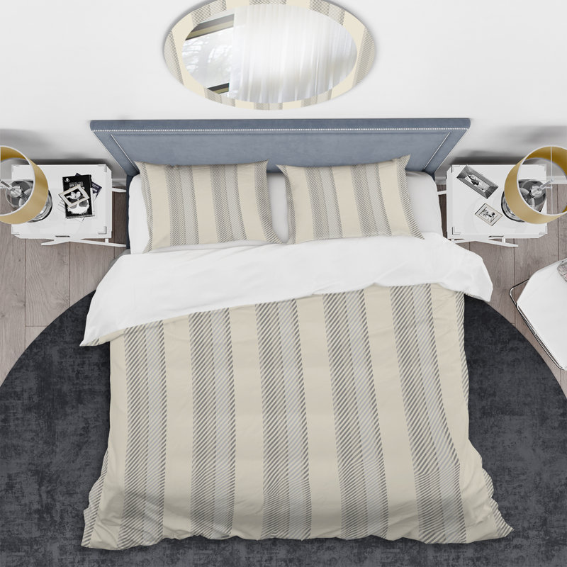 Motif rayé crème et gris - Ensemble de housse de couette abstrait - Microfibre de polyester