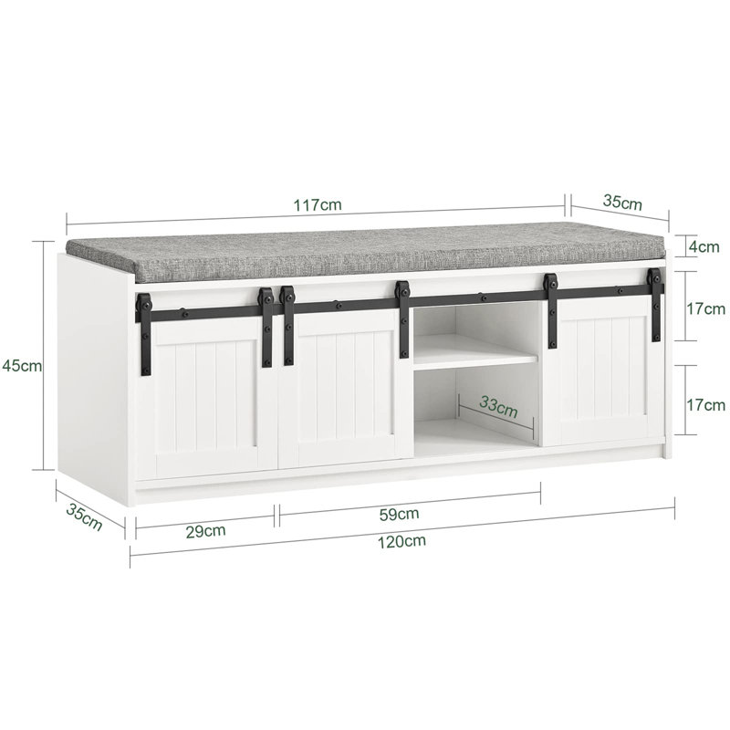 White Rustic Style Storage Bench with Sliding Barn Doors and Padded Seat Cushion