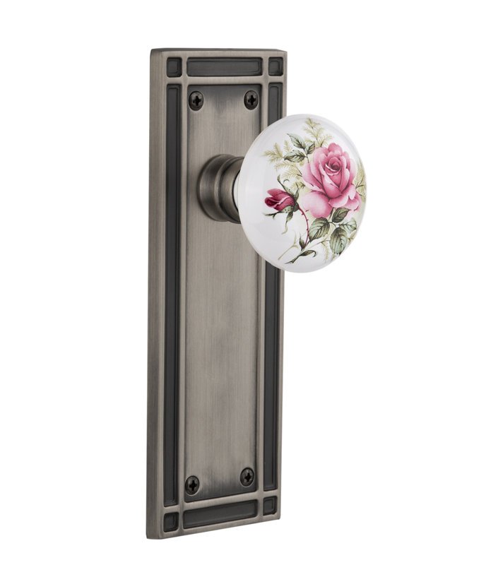 Plaque de mission avec bouton de porte en porcelaine rose, 2-3/4", Étain antique