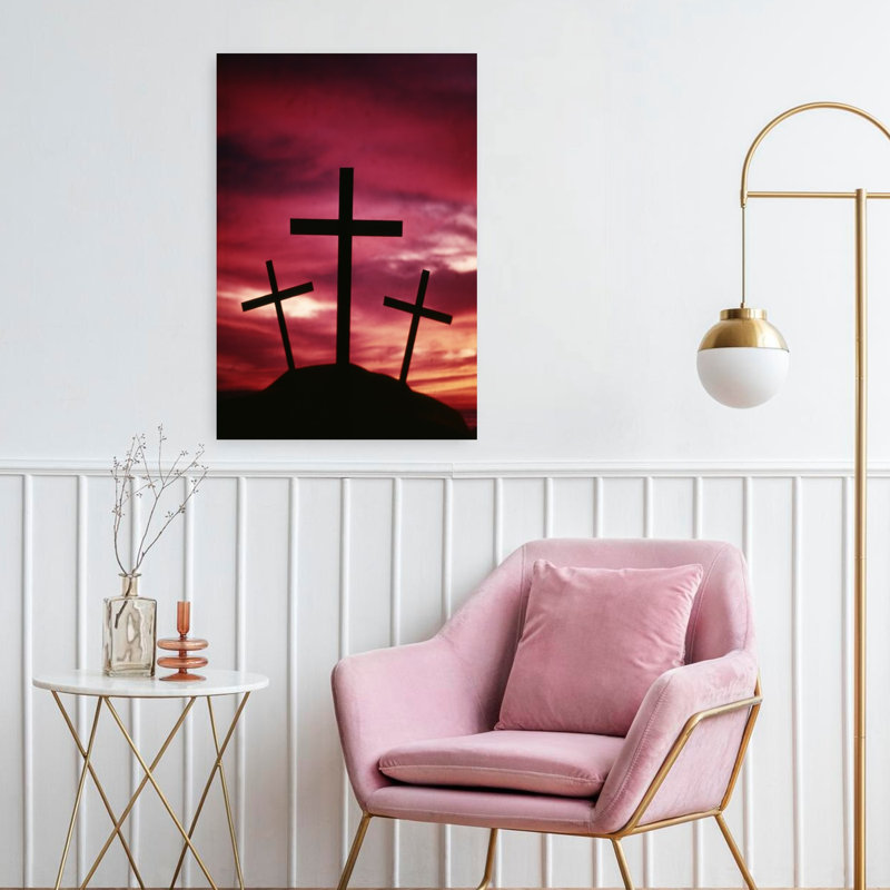 Art mural des années 1960, trois croix symboliques de Calvary Hill, H 24 po x l 16 po