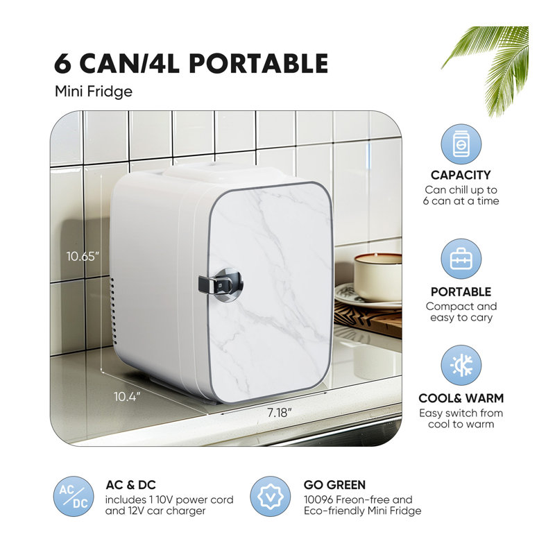 Mini réfrigérateur, petit réfrigérateur portatif 4L / 6 canettes, réfrigérateur compact et chaud pour soins de la peau, nourriture et boissons, petit réfrigérateur pour chambre à coucher, dortoir, voiture, bureau, marbre blanc