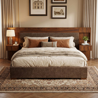 Modern Upholstered Platform Bed with Built-in Storage, King, Brown Linen