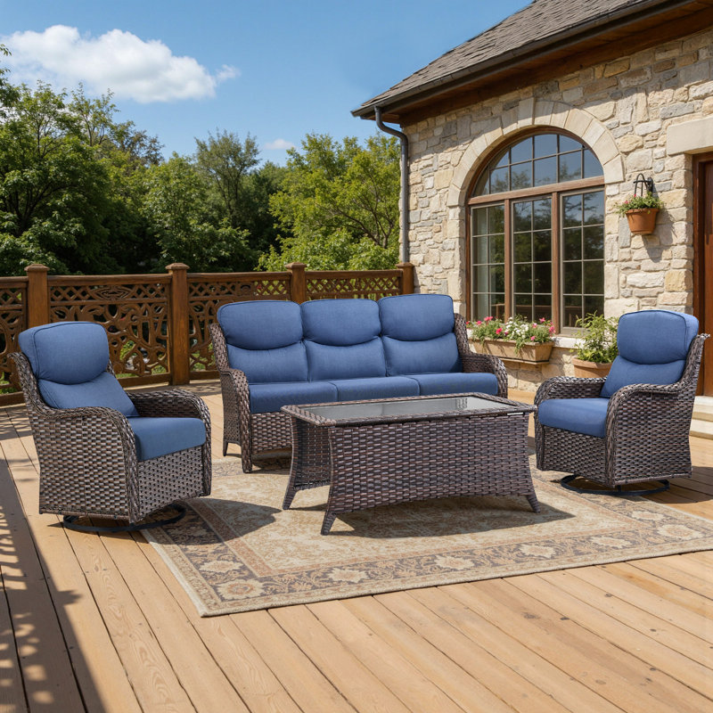 5 - Person Handwoven Wicker Patio Conversation Set With Swivel Glider Chairs, 5" Olefin Cushions, Blue, Brown