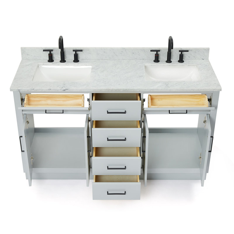 Meuble-lavabo double en bois massif 60 po avec lavabo en marbre de Carrare 0,75 po Jameal, gris, Forme rectangulaire