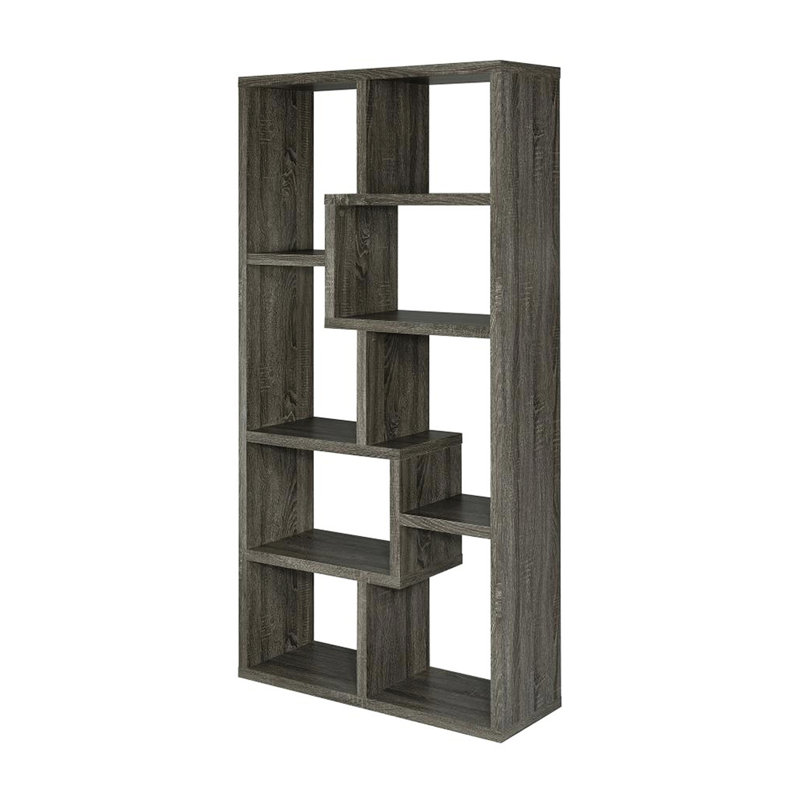 Grey Bookcase, 10 Shelves, Geometric Shapes, Open , , Tip-Over Restraint For Weathered Grey, Rectangular Multiple Space Back, And Engineered Veneer