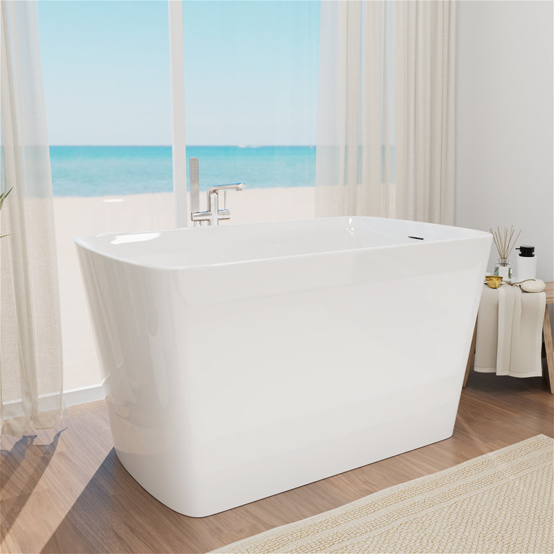 47" L x 27" W Modern Rectangular Freestanding Soaking Acrylic Small Bathtub with Integrated Seat, Non-Slip in Compact Bathrooms