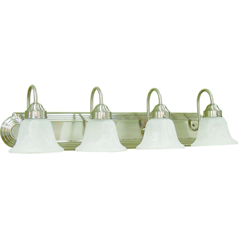  Marti 4-Light Indoor Brushed Nickel Bath or Vanity Wall Mount with Alabaster Glass Bell Shades, Brushed Nickel