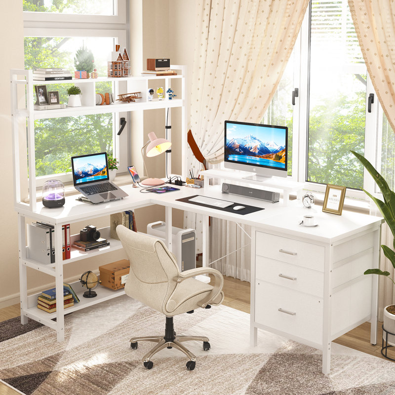 Bureau d'ordinateur en L avec rehausse et bureau en coin Shelburne, Chêne blanc